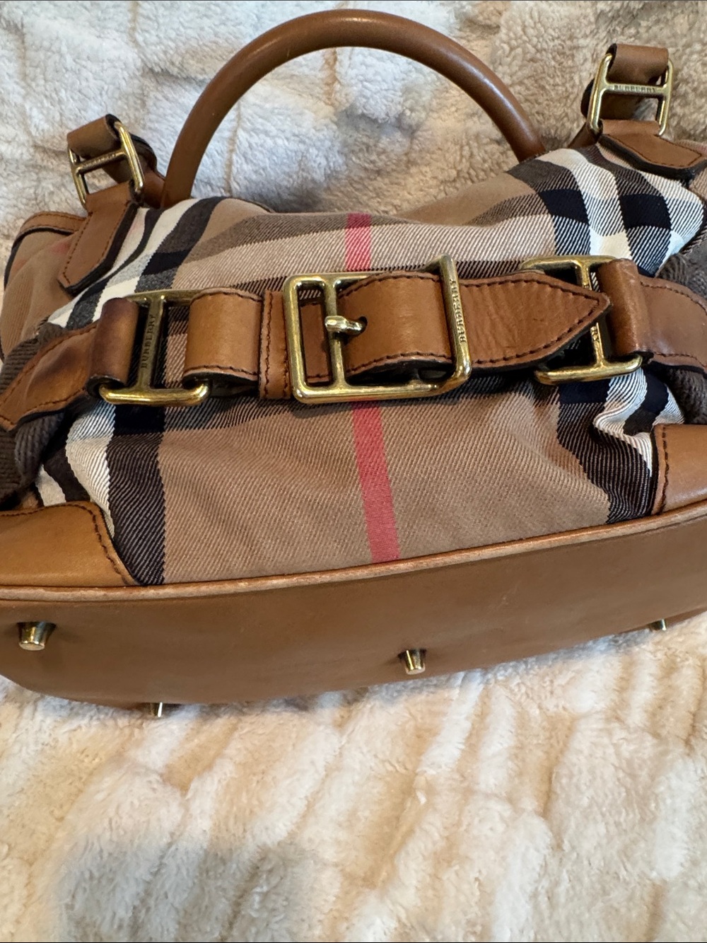 Burberry Beige Plaid and Brown Leather Satchel - Picture 5 of 15